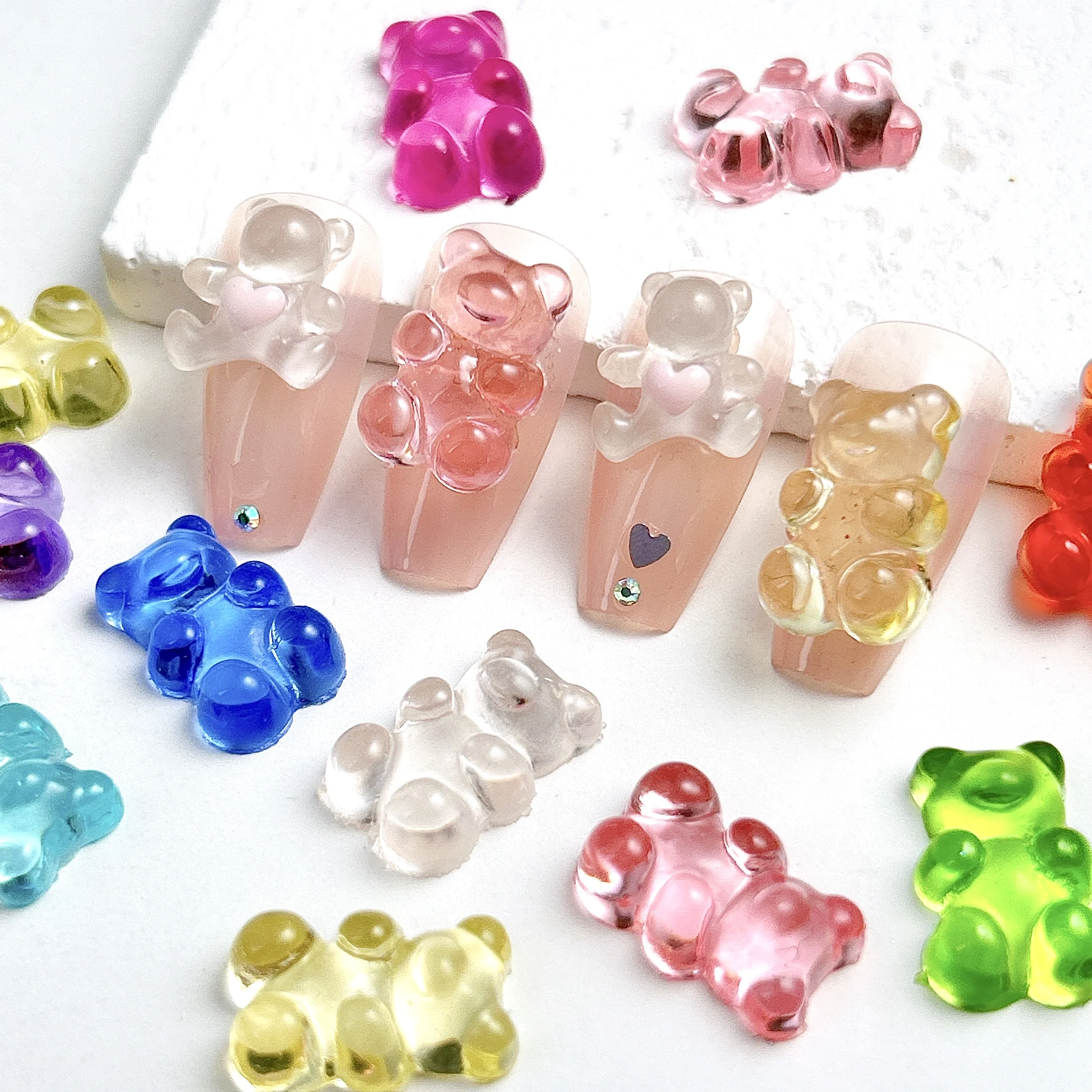 20Pcs Transparent Colorful Bears Resin Nail Art Decorations 3D Simulated Gummy Bears Nail Charms Accessories Handmade DIY Crafts
