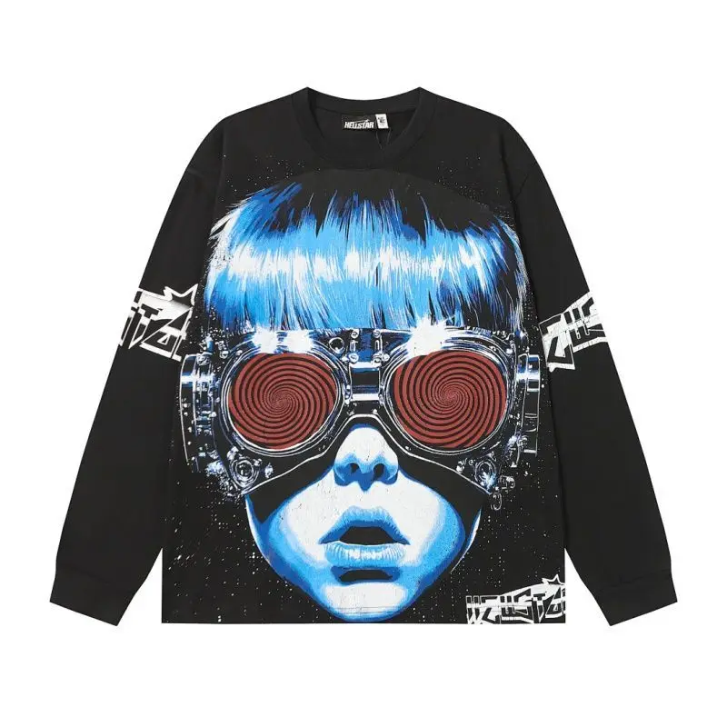 Hellstar Spring Autumn Streetwear American Vintage Portrait Print Casual High Street Unisex Loose Long Sleeve T-Shirt