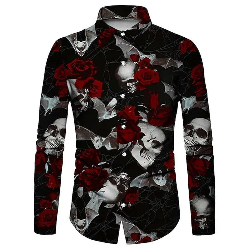 Vintage Rose Skull Graphic Shirts For Men 3D Printed Goth Skeleton Long Sleeves Shirt Men\'s Casual Hip-hop Unisex Clothing