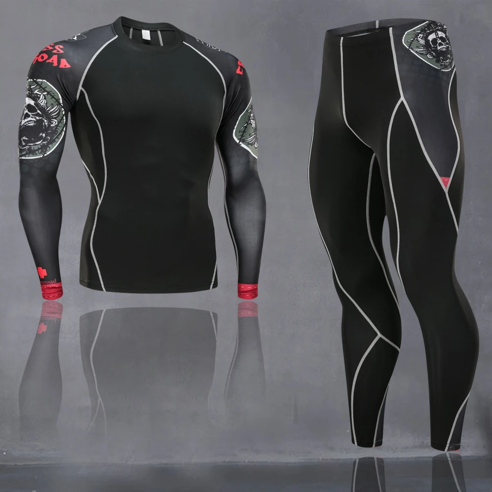 Man s sportswear union suit  rashgard kit  base layer thermal underwear Gym training crossfit muscle shirt compression pants 4XL