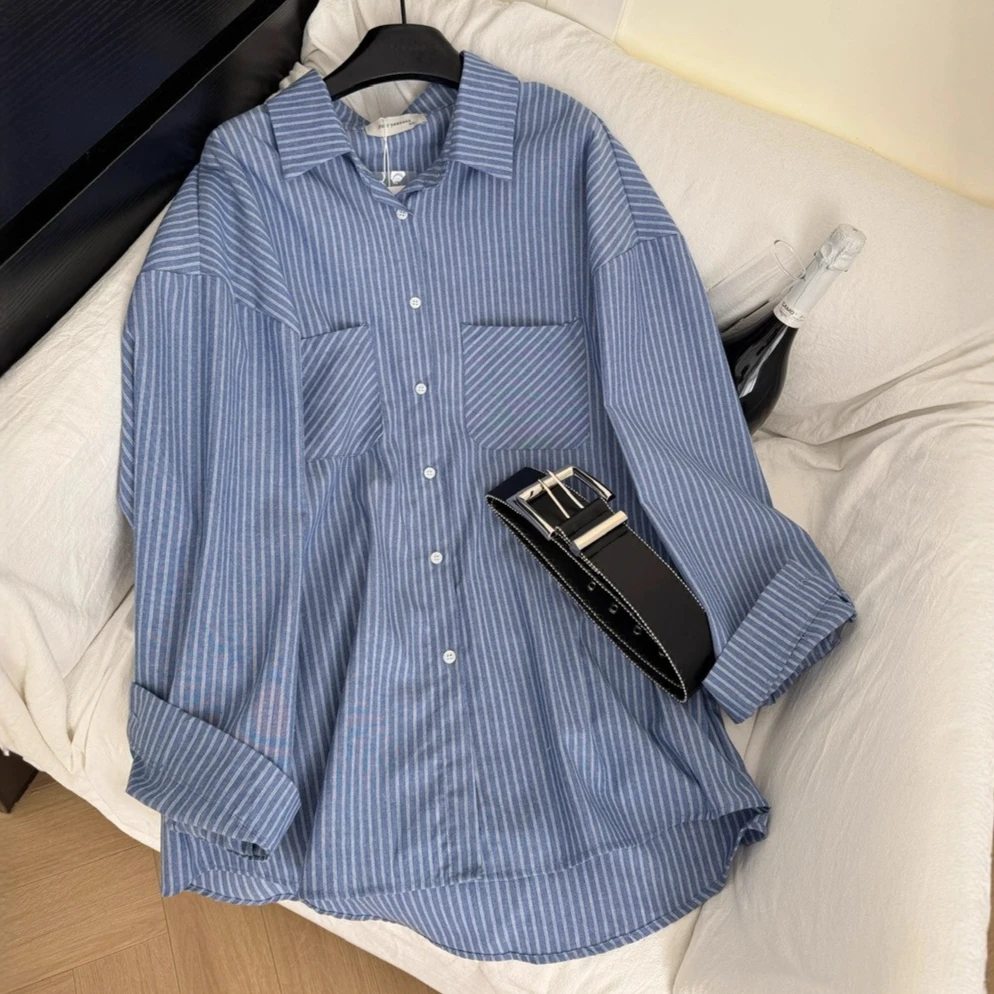 

Blouses Women Shirt Turn Down Collar Full Sleeve Tops Striped Y2k Streetwear Elegant Splice Casual High Waist Slim Fit Shirts