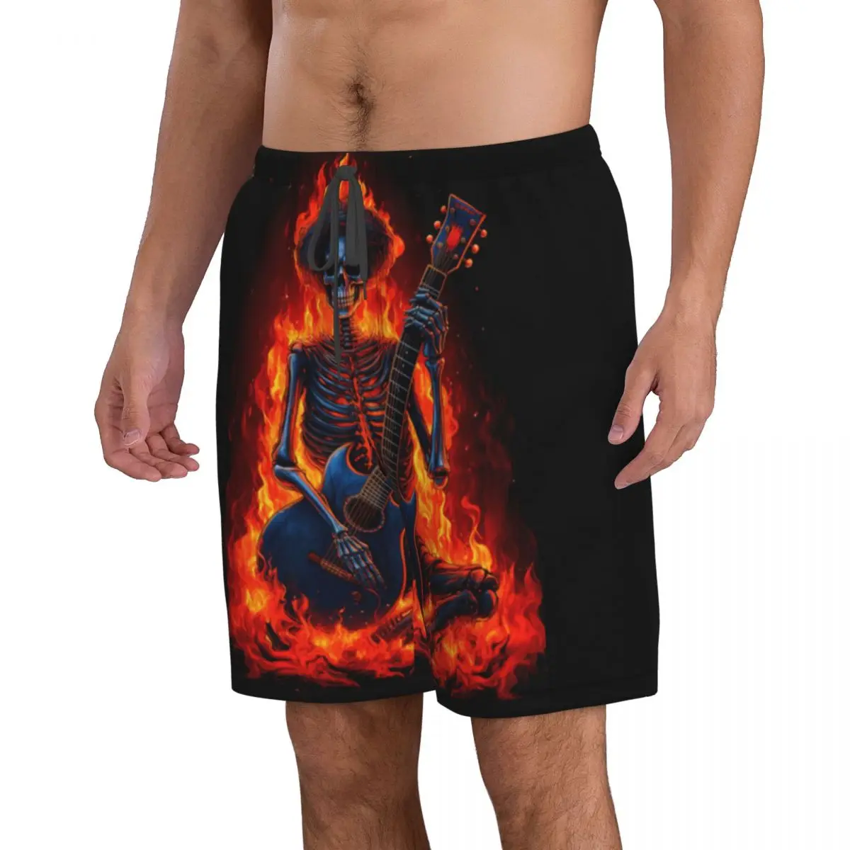 الرجال سروال سباحة قصير جذوع الهيكل العظمي العزف على الغيتار الكهربائي في النار الشاطئ مجلس السراويل تشغيل الرياضة تصفح ملابس السباحة
