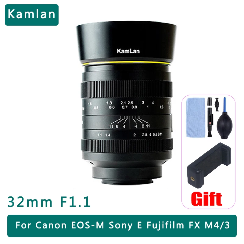 Kamlan 32mm F1.1 Camera Lens Large Aperture Manual Fixed Focus Wide Angle Lens for Fuji FX Sony E Canon EOS-M M4/3 Mount Cameras