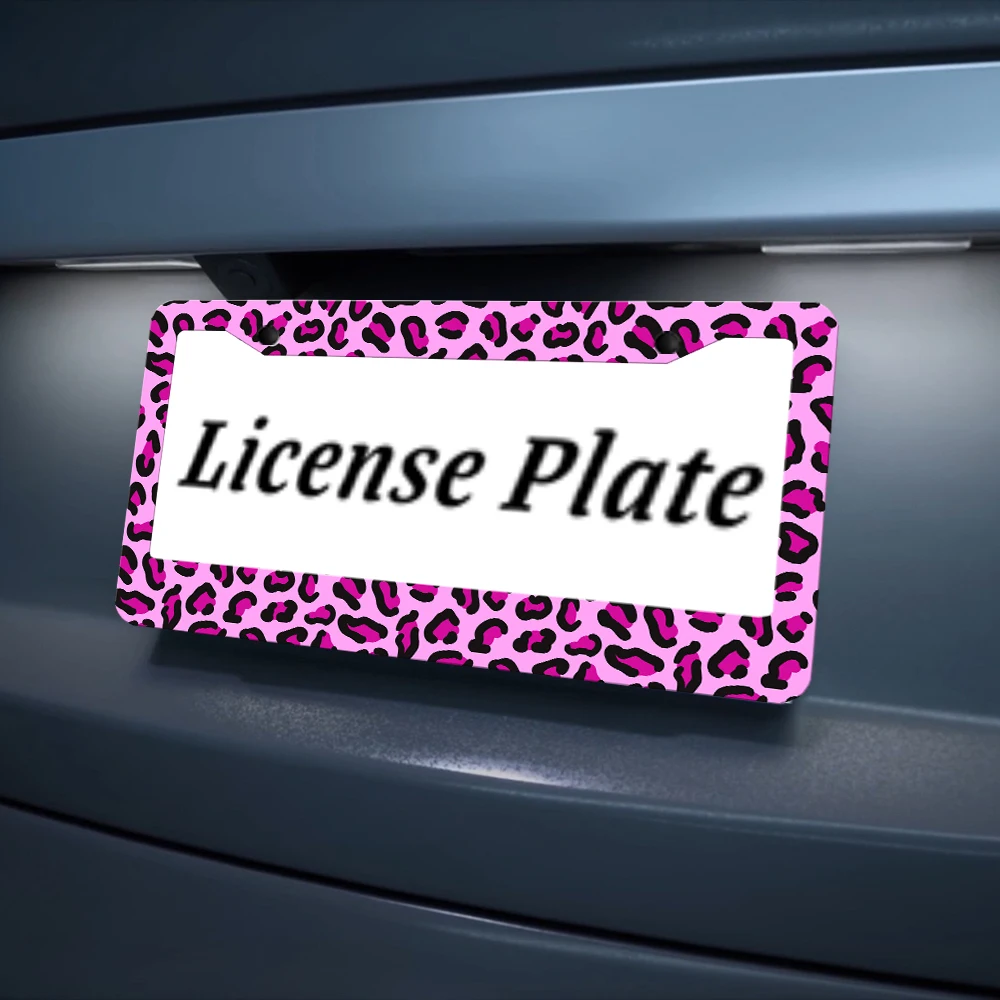 إطار لوحة ترخيص من الألومنيوم بطباعة الفهد الوردي مع مجموعة براغي، هدية تزيين السيارة الجديدة، 6 × 12 بوصة #5