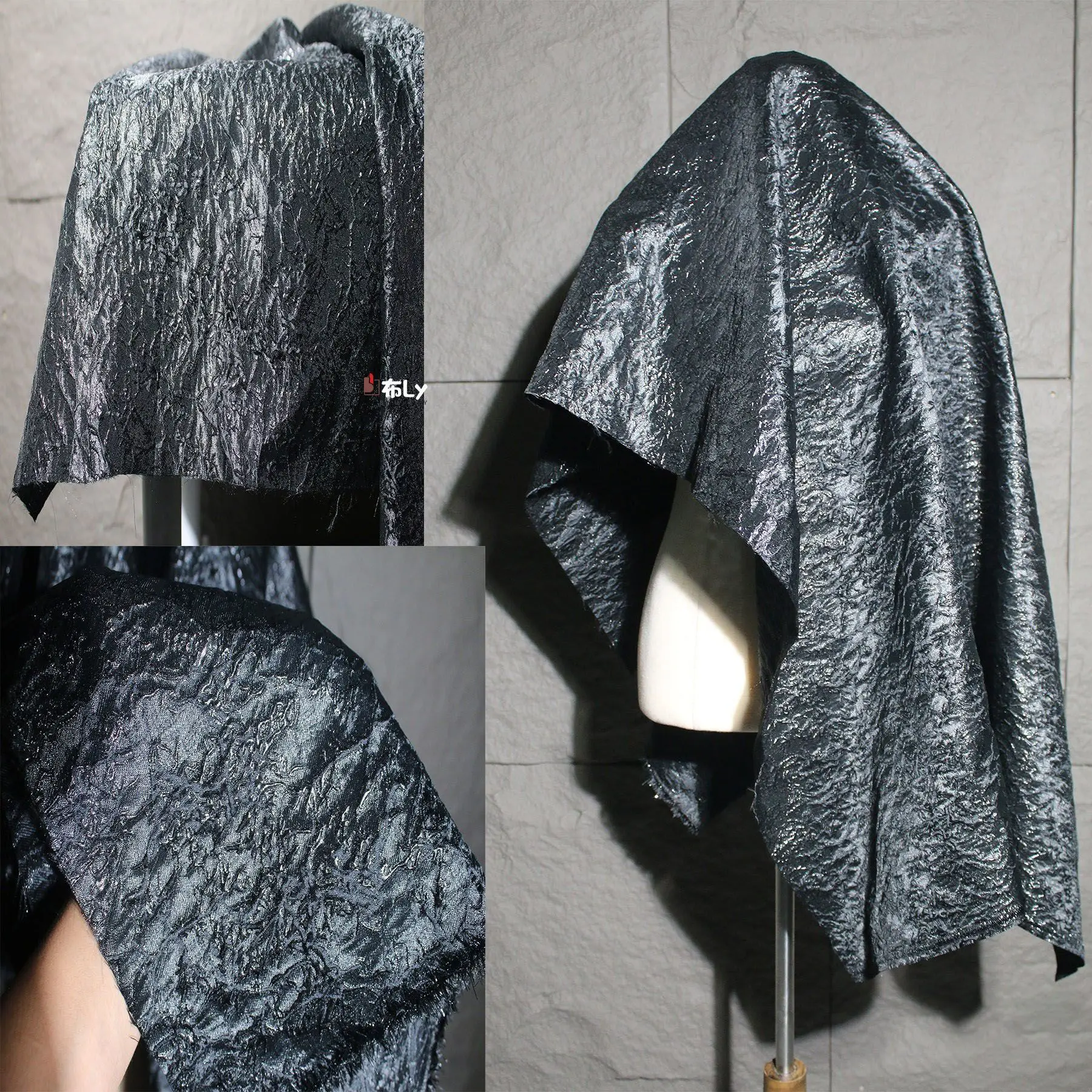 Black Random Texture 3D Wrinkle Fabric Structured Silhouette For Creative Coat Dress Fashion Designer Material