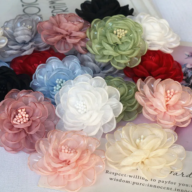 10 sztuk/partia 5.5CM Organza szyfonowa tkanina z rdzeniem sztuczna róża gaza kwiat na suknię ślubną kapelusze dekoracje DIY aplikacja do szycia