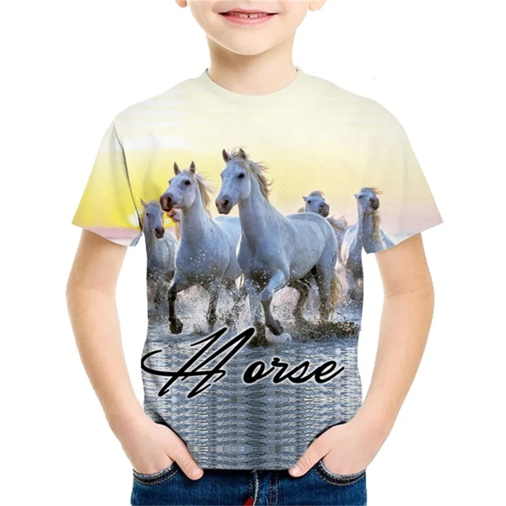 2024 Kids Clothes Children\'s Clothing Horse Print T-Shirt for a Boy Casual Baby Short Sleeves Tees Tops Children Summer Clothes