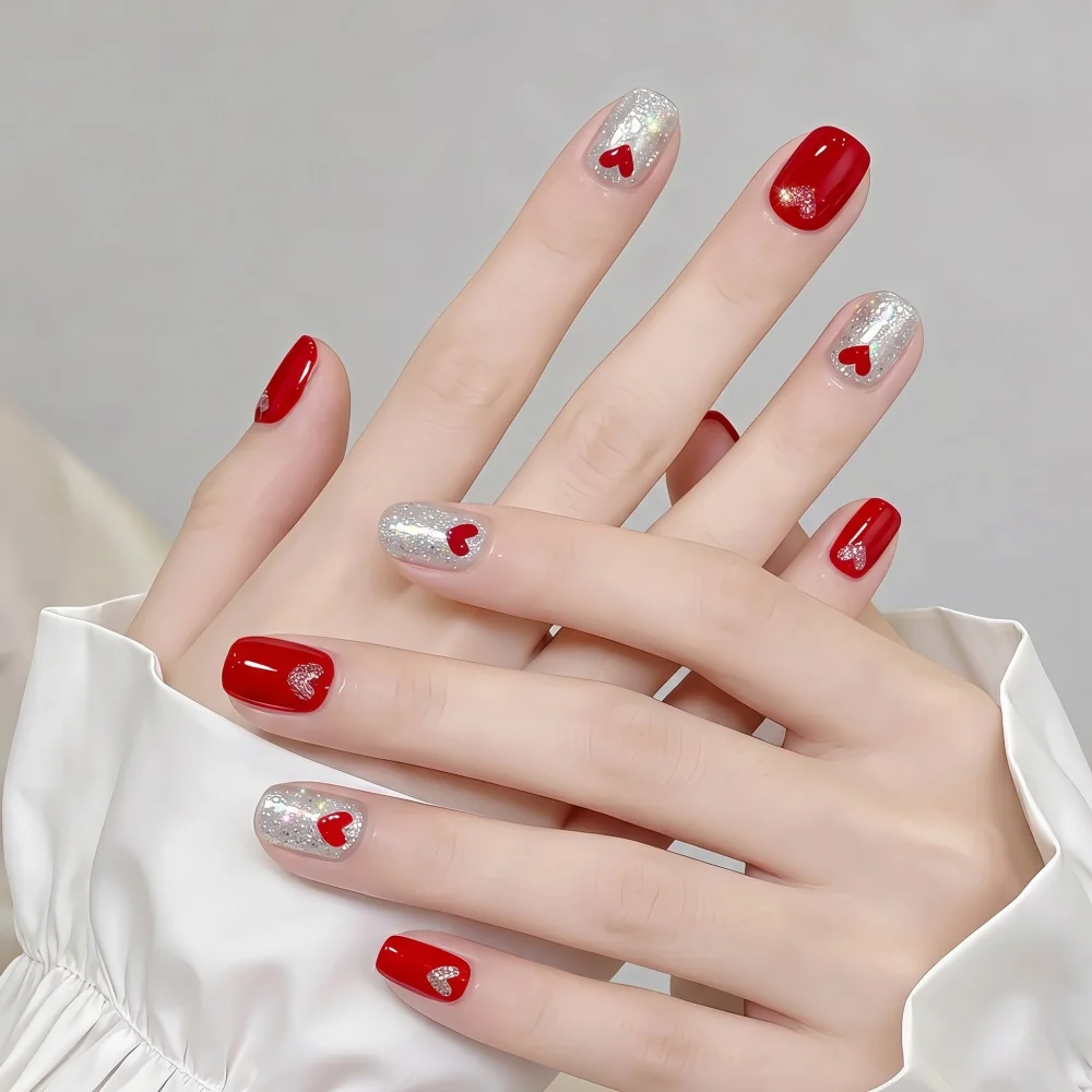 Hassleless 2Pcs Two-Tone Nail Polish Gel Set with Silver Glitter and Vintage Red Fine Glitter Solid Color Gel, Featuring Gorgeous Sparkling Shades, Creating an Atmospheric Glitter Nail Art, Highlighting the Sophisticat