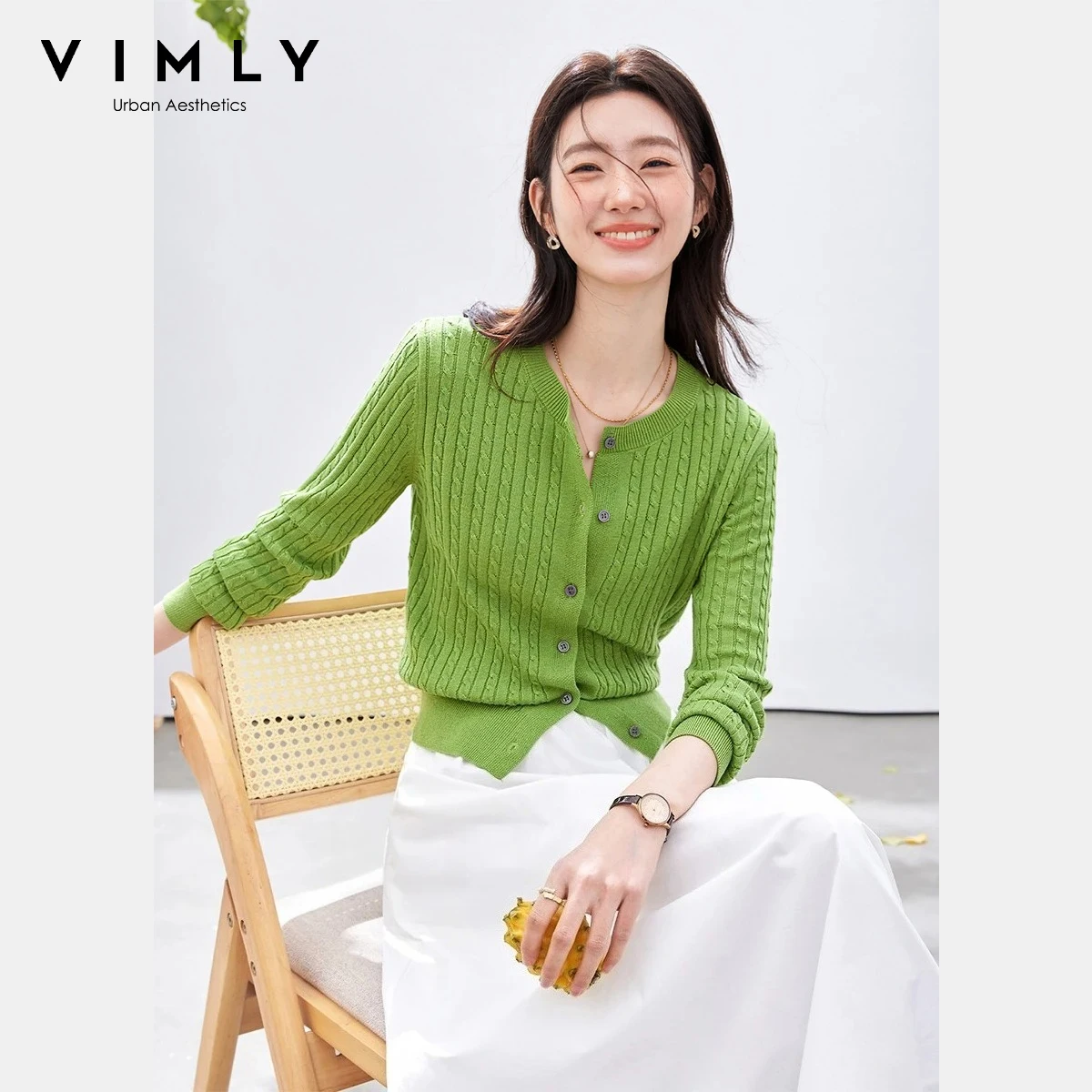 VIMLY Mint Green Cardigan for Women 2026 Fall New Elegant Wool Blend Cable Knit Round Neck Sweaters Casual Daily Outwear 75353