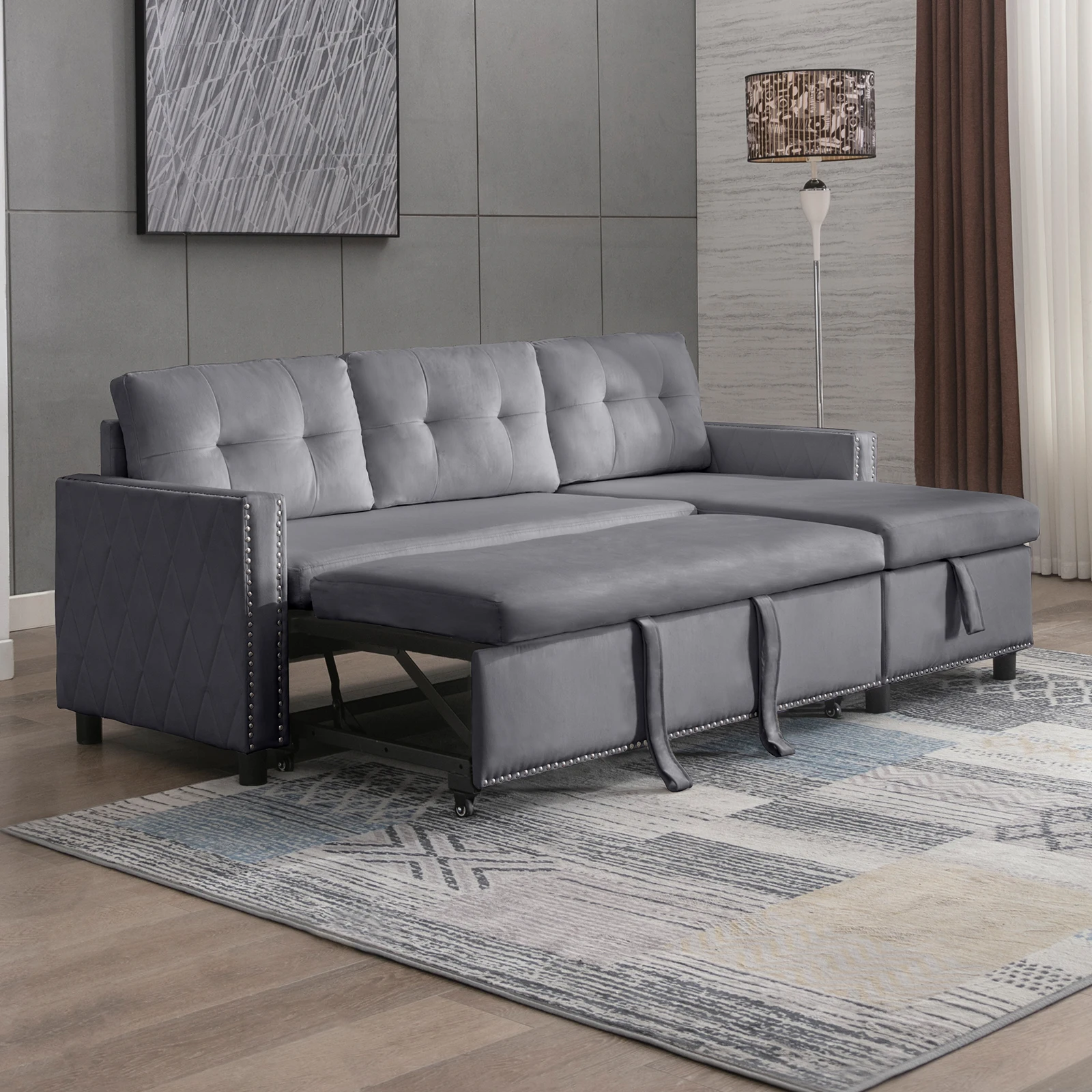 HORGAEO 83'' Convertible Sectional Couch with Pull Out Bed, Velvet L Shaped Sleeper Sofa with Storage Chaise