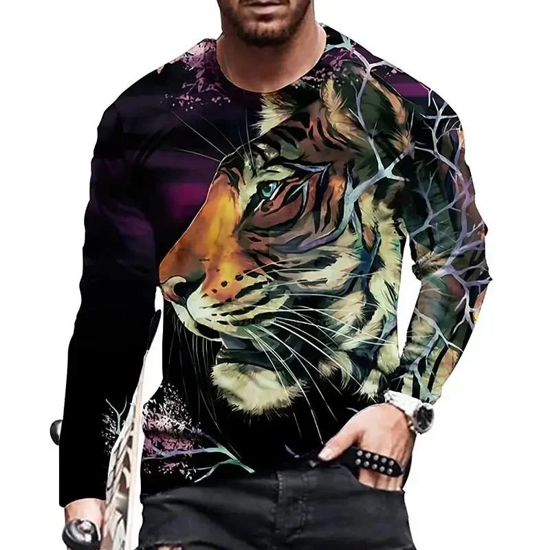 Men Polyester Long Sleeve T-shirt 3D All Over Print Skull Raven Panther Wolf Gothic Dark Horror Art Casual Graphic Tee