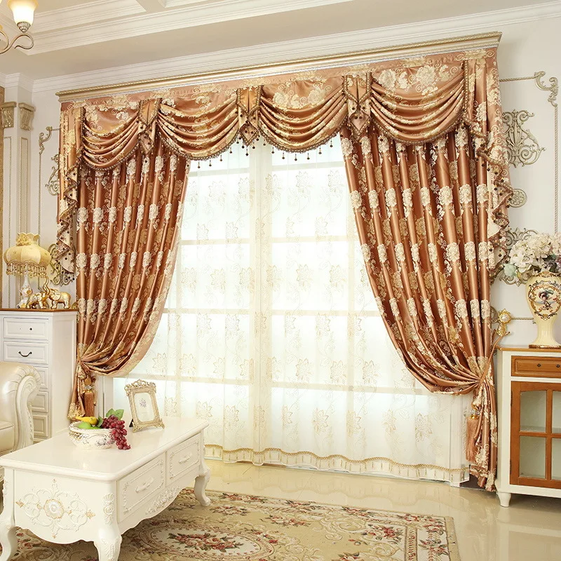 

Custom Sumptuous European window encryption gold silk jacquard coffee cloth blackout curtain tulle valance drape C1807