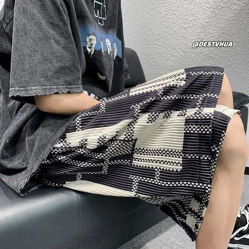 Summer New Men\'s Plus Size Pleated Ice Silk Casual Shorts Elastic Waist Print Loose All-match Shorts Vintage Casual Men Clothing