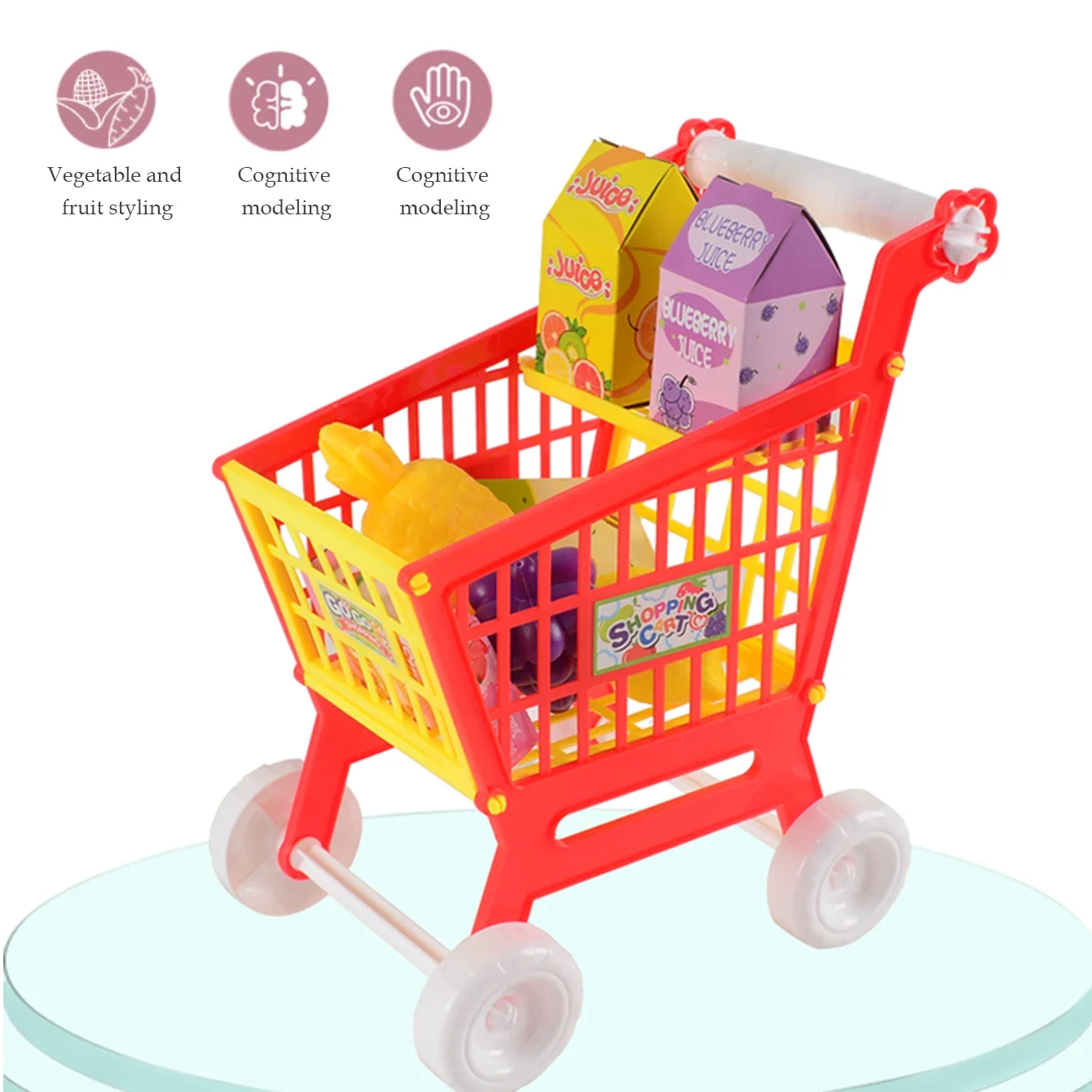 Shopping Cart Toys Fruit Vegetables Trolley for Groceries Supermarket Playset Play Food Role Kitchen Store for 3+ Kids