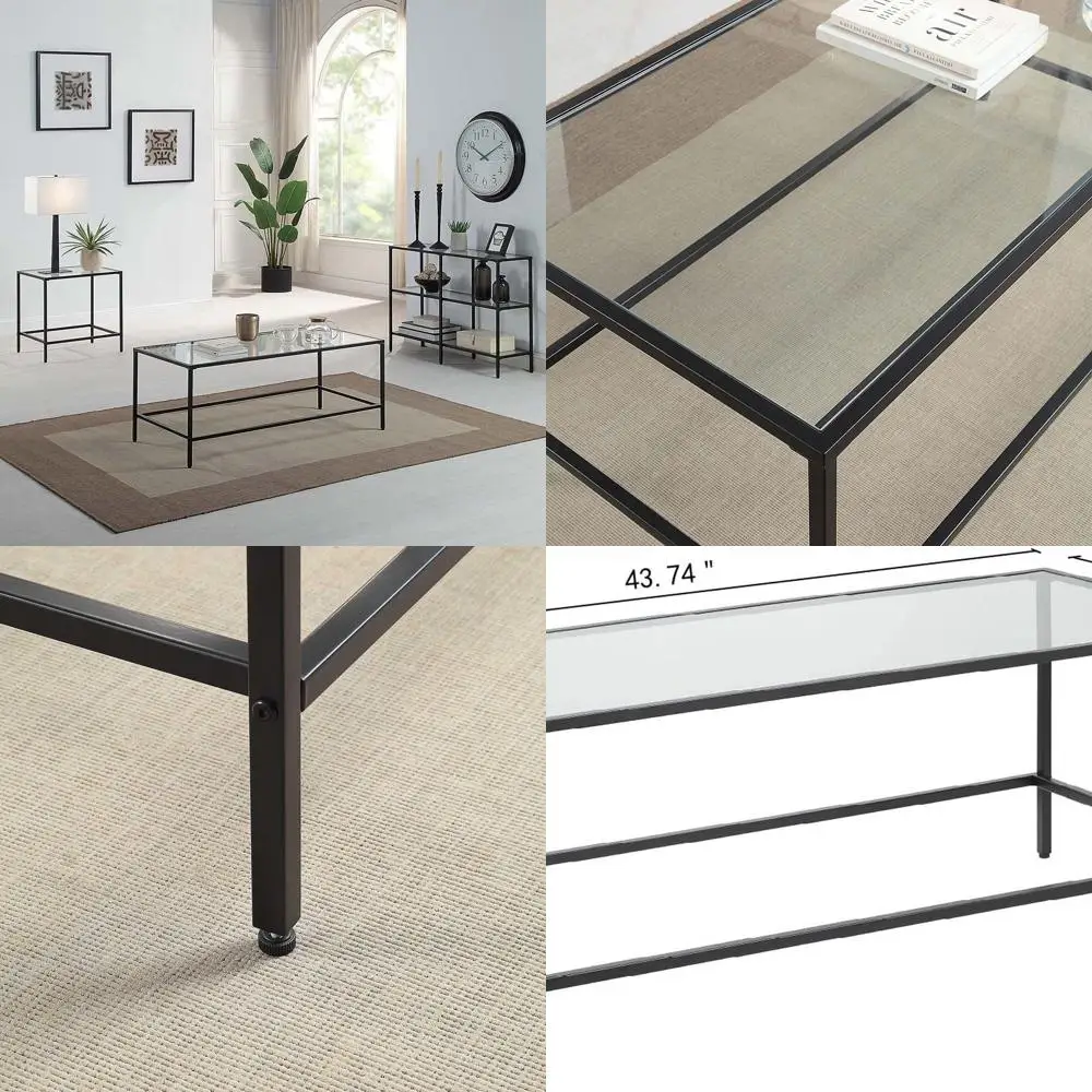 

Modern Minimalist Black Metal Frame Tempered Glass Coffee Table for Living, Dining, Office, and Outdoor Spaces