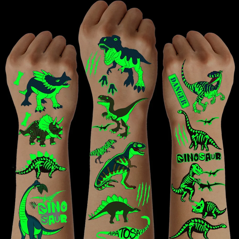 12 Sheets Luminous Dinosaur Temporary Tattoos, Glow In The Dark T-Rex Pterosaur Velociraptor Triceratops Stegosaur Pattern, Gift
