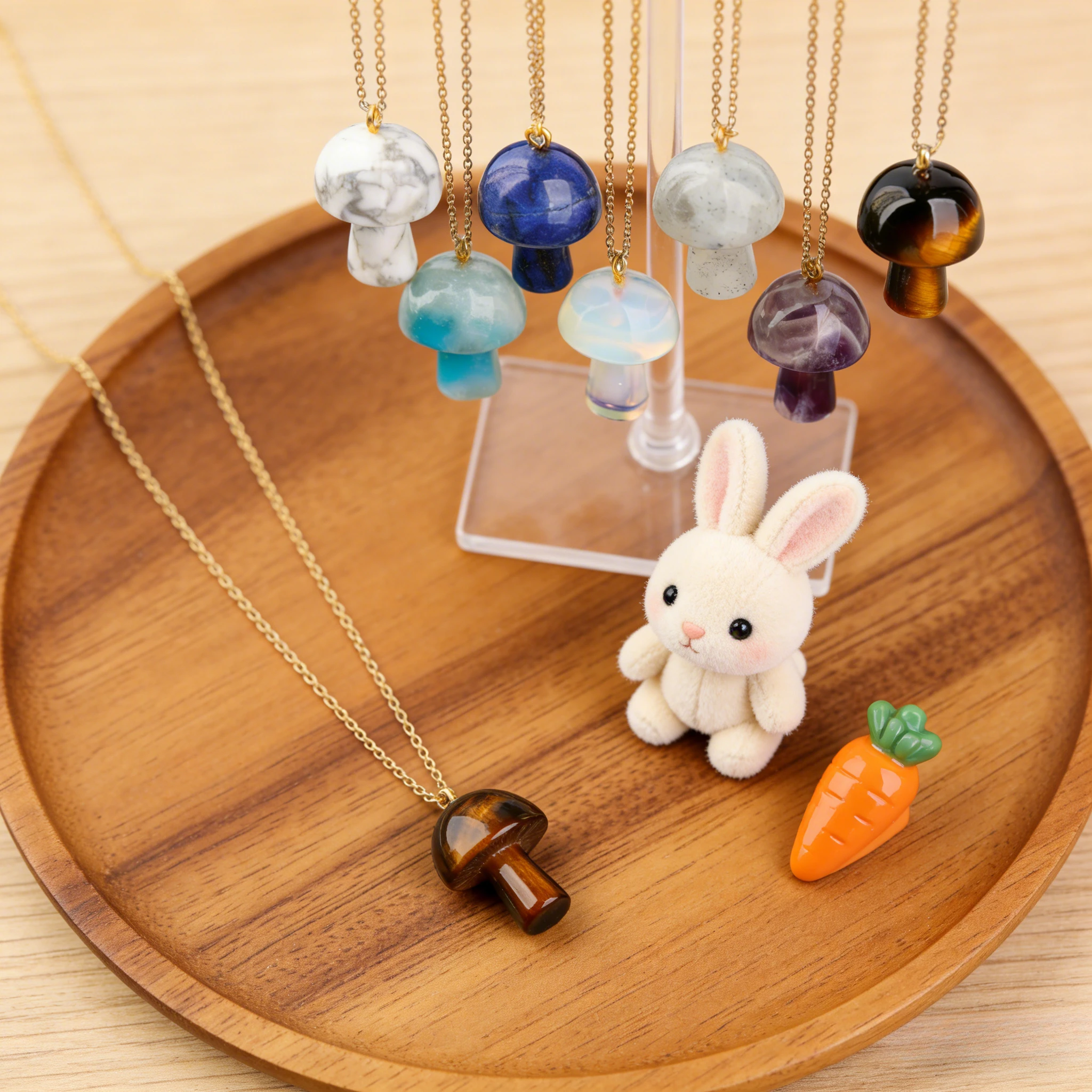 Mushroom Pendant Necklace Natural Rose Quartz Amethyst Necklace Gold-Plated Chain Playful Cute Style Necklace Jewelry Accessory