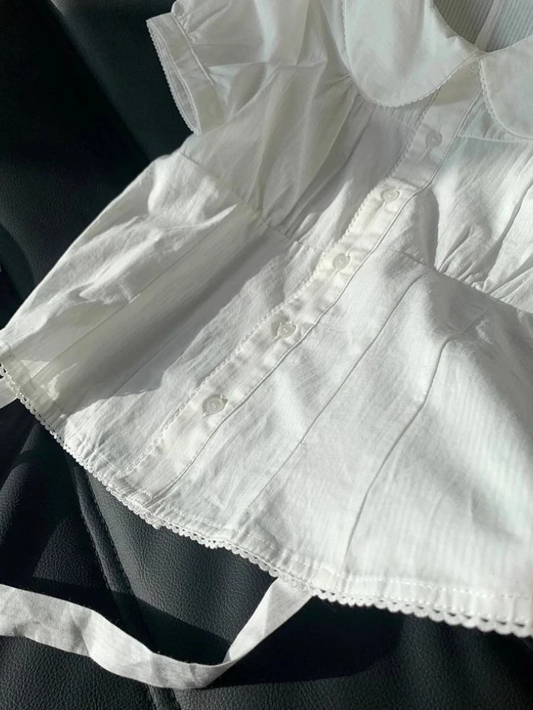 Deeptown Kawaii Blus Gaya Preppy Wanita Kemeja Putih Kerah Peter Pan Manis Gaya Jepang Atasan Vintage Lolita Lucu Slim Up