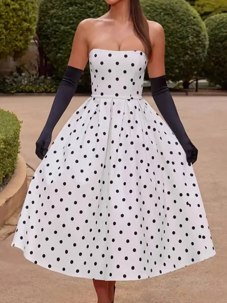 

Backless Patchwork Holiday Party Women Summer Dot Printing Chic Maxi Dress, 2026 Sleeveless Fashion Elegant Ladies Dress