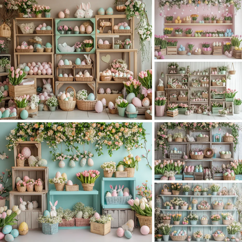 

Photography Backdrop Happy Easter Day Newborn Kids Birthday Party Flower Colorful Egg Shoppe Decor Photo Background