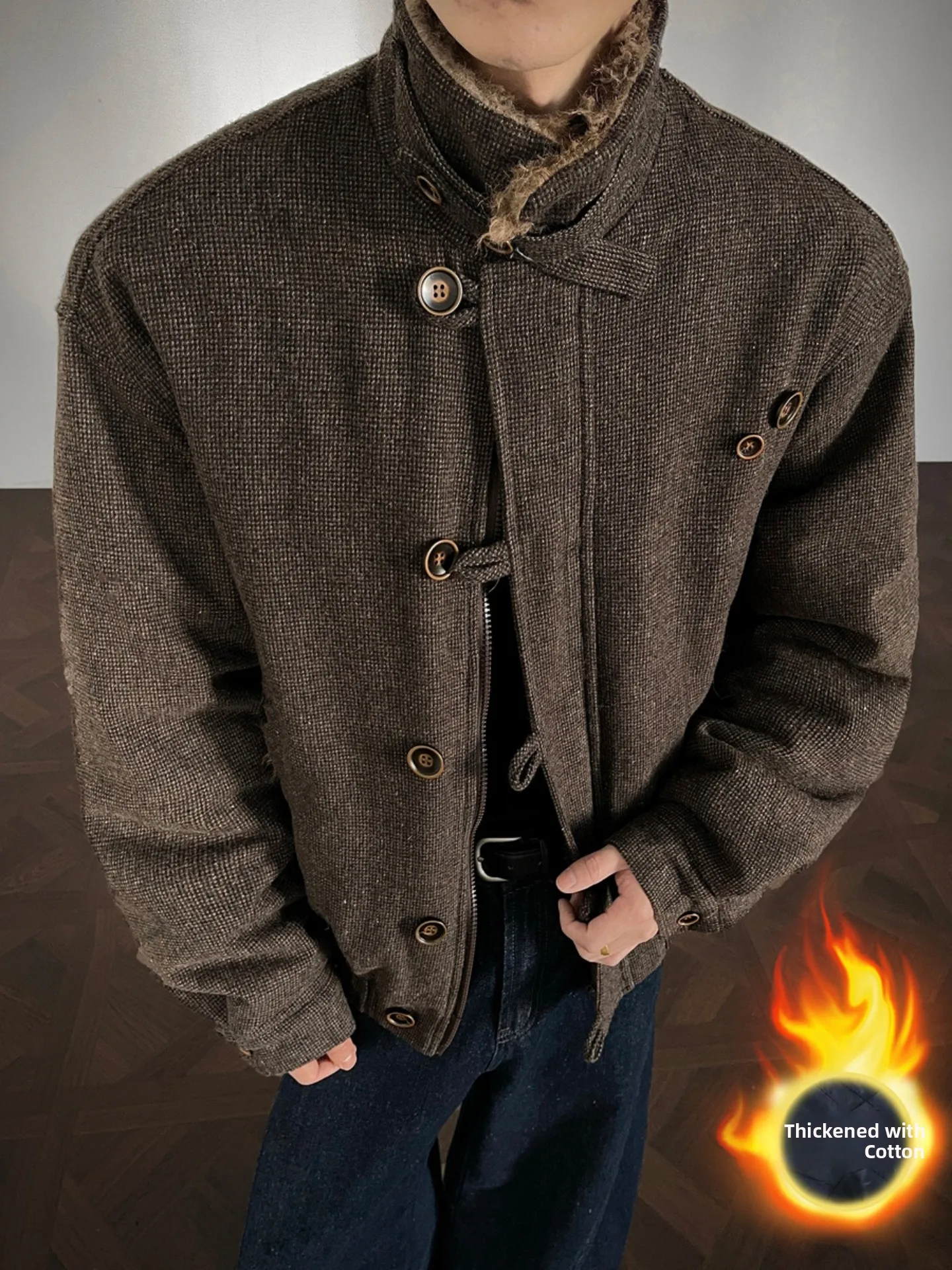 

Thiened Winter Coat Men's Cotton Woolen Jaet Warmth And Sle American Sle Long Sve Button up Pure Color Cleanfit