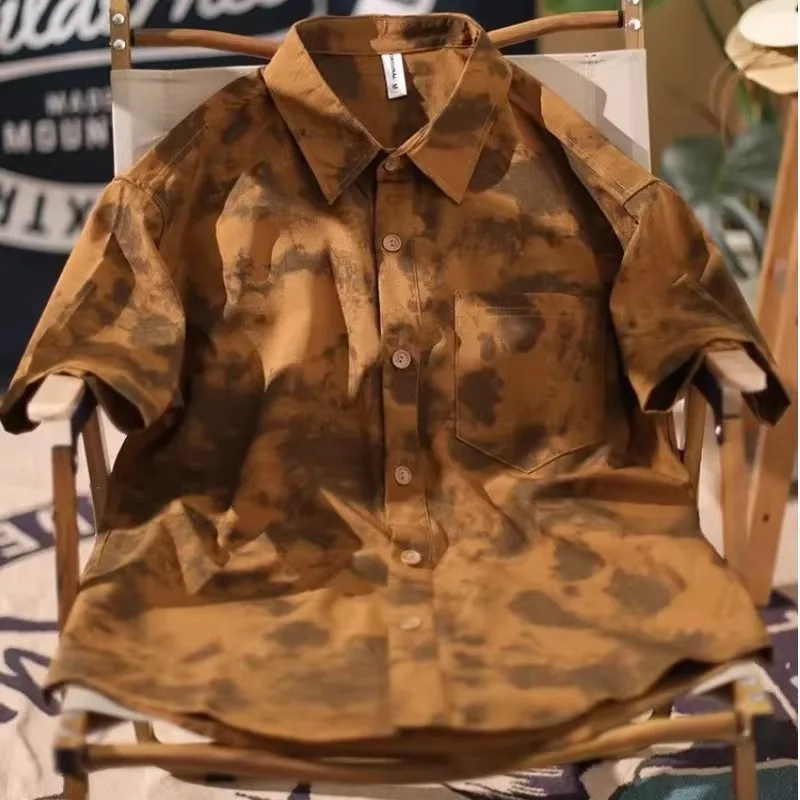 

Summer Loose Men's Short Sleeve Shirt Large Size 300 Pounds American Retro Dyed Design Casual Fashionable Youth Polyester Fiber