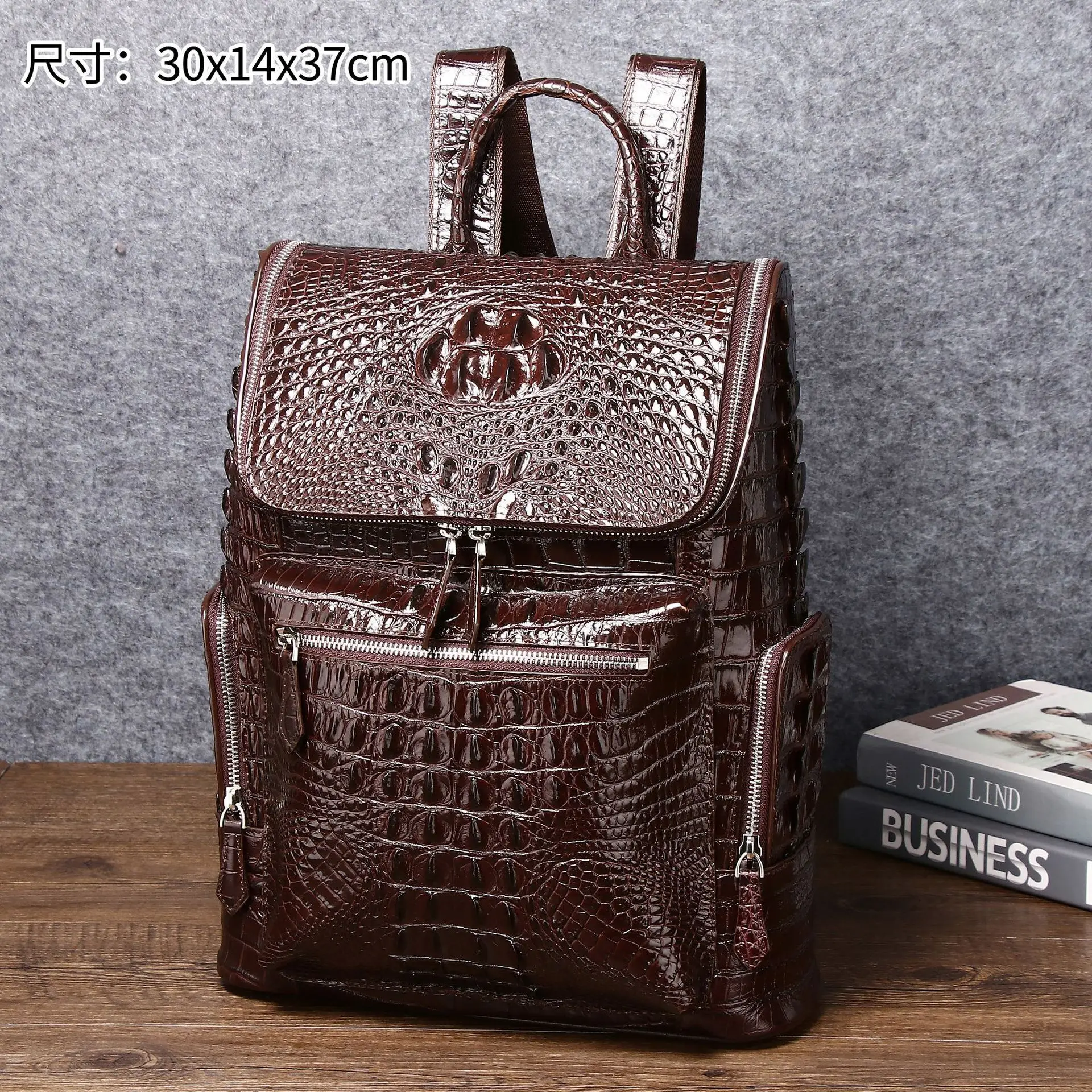 Men's Crocodile Bone Pattern Classic Brown Large Capacity Casual School Bags For Teenagers Men Travel Laptop Backpack Schoolbag