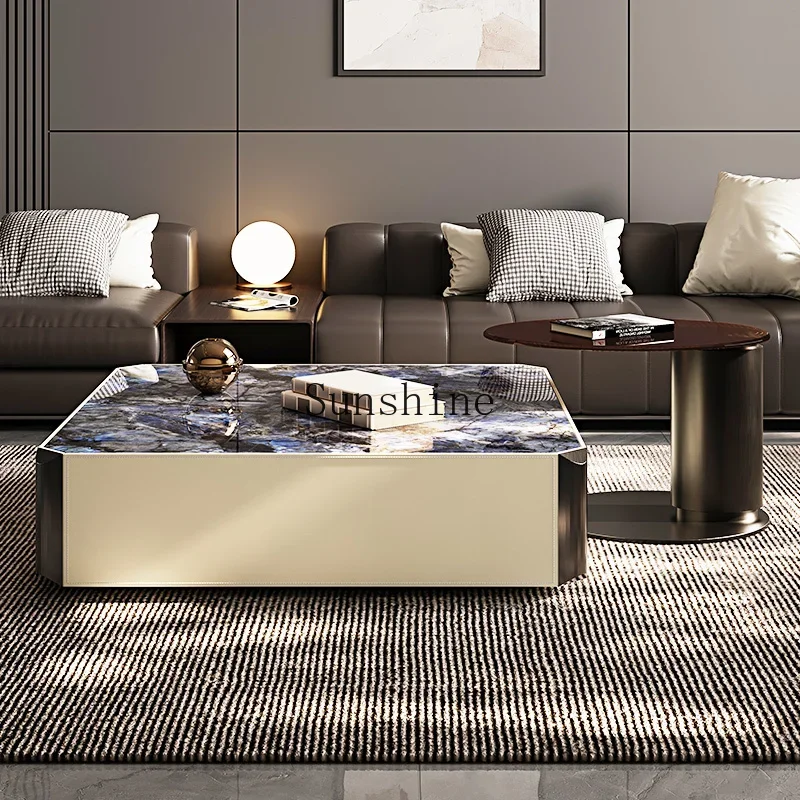 

Square rock slab coffee table Italian minimalist saddle leather living room combination high-end coffee table