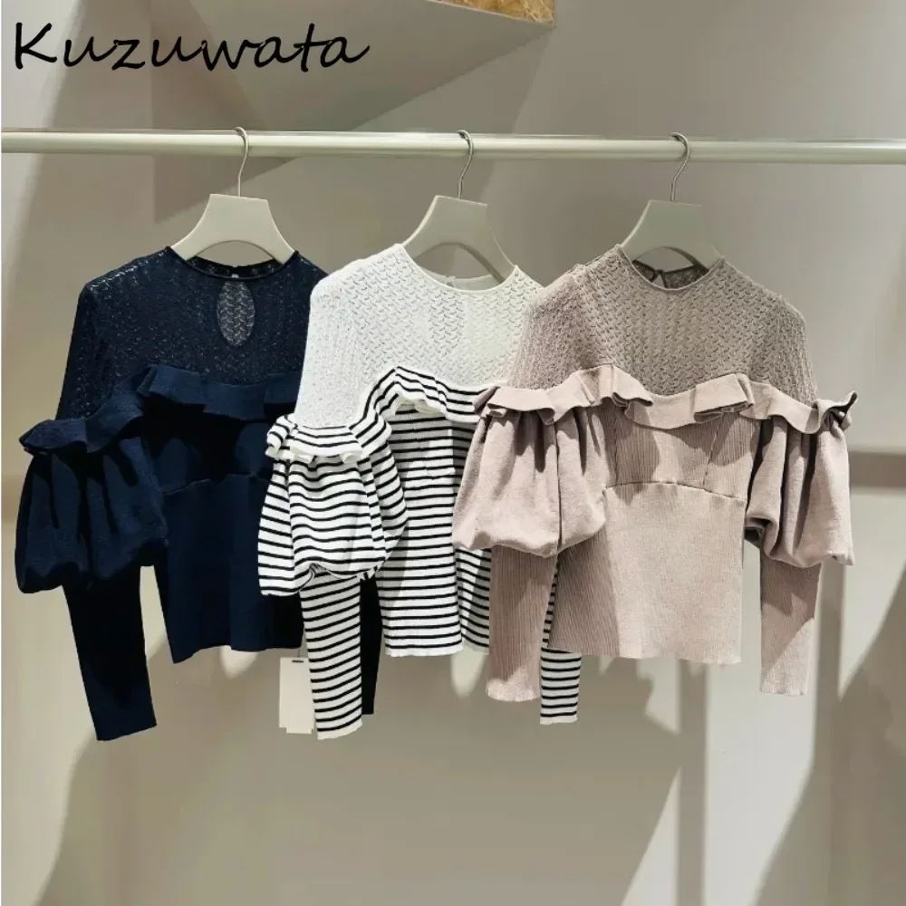 Kuzuwata Vintage O Neck Lantern Sleeve Ruffles Jumper Patchwork Hollow Out Knit Pullover Japan Stripe Minority Ladies Knitted