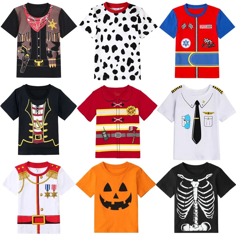 Sky01 Kids Carnaval Kostuum Jongens Piraat T-shirt Peuter Piloot Politie Cosplay Kleding Halloween Prins Gedrukt Tee Korte SleWd01 @