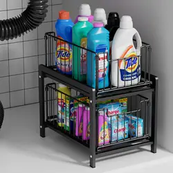 2 Tier Sliding Basket Drawer Organizer,Pull Out Under Sink Cabinets Organizer,Metal Home Organizer Shelf for Bathroom or Kitchen