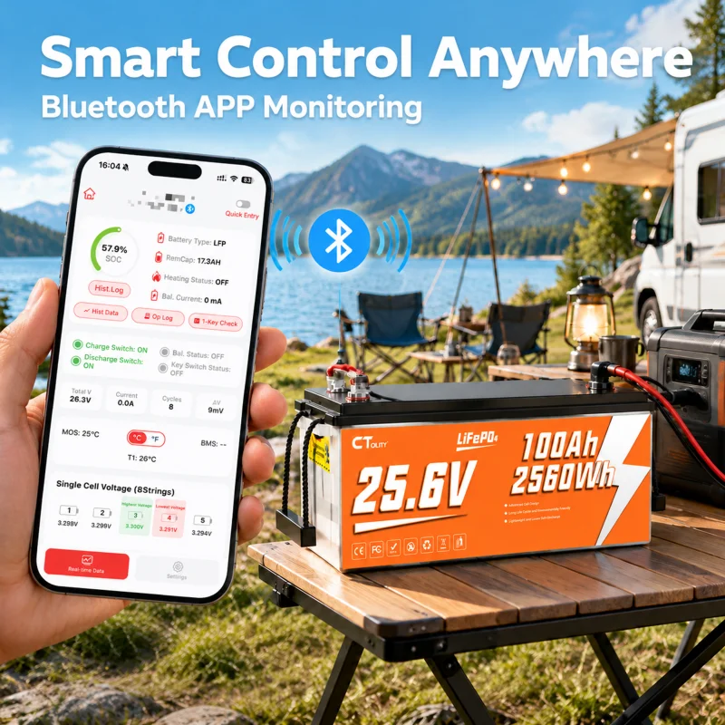 Ctolity Bluetooth 24V 100 LiFePO4 Battery 15000+ Cycle 100A BMS UP 25.6V 2560W For RV, Camper, Solar, Marine, Off-Grid,5-year warranty,UL 1973