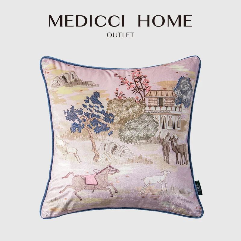 

Medicci Home Chinoiserie Royal Courtyard Accent Cushion Covers Hand Painting Animals Floral Bloom Decorative Pillow Case 43x43cm