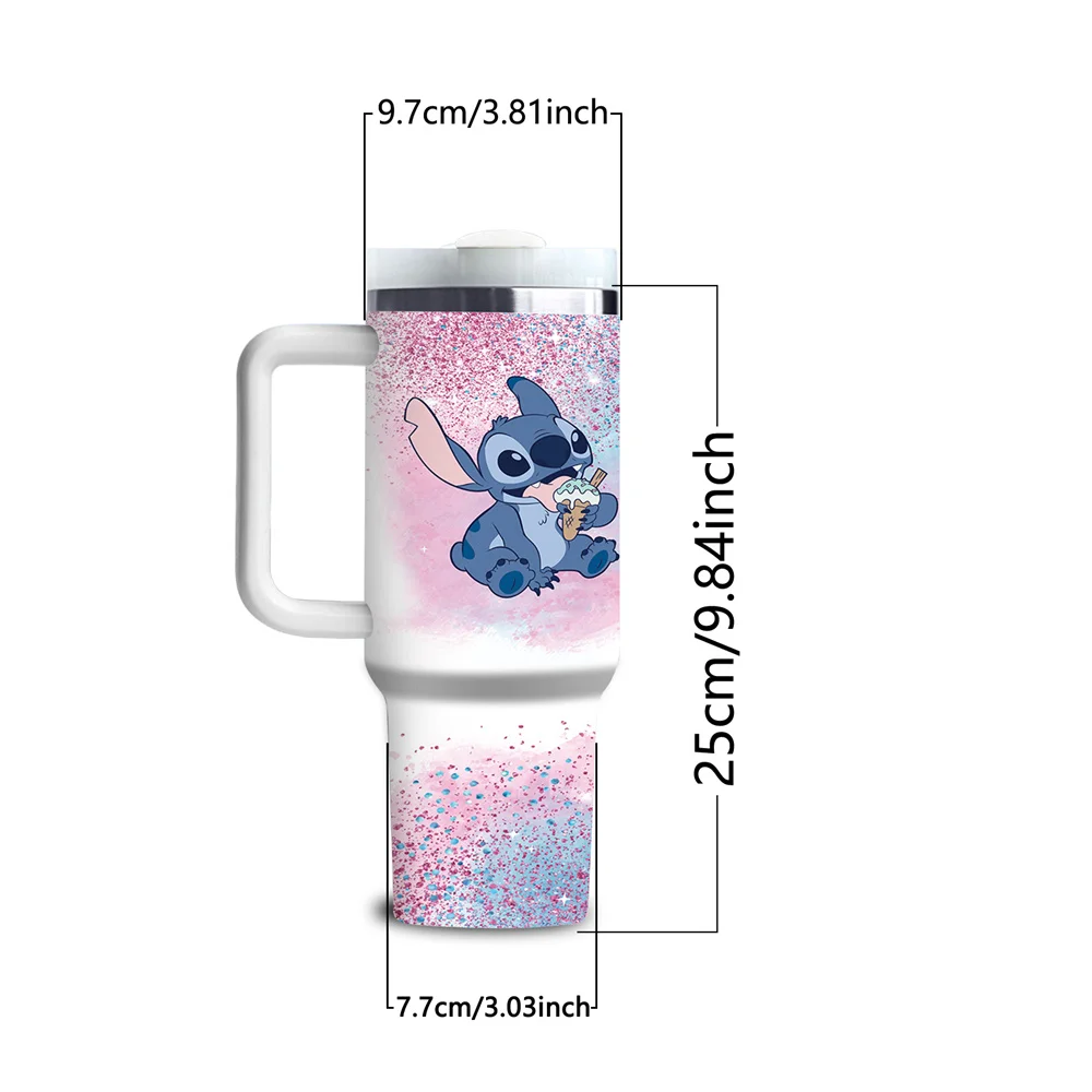 1pc 40oz Disney Stitch & Angel Insulated Stainless Steel Tumbler with Handle & Straw Hot Cold Water for Daily Use Travel Gift
