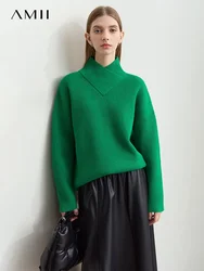 Amii 2024 Winter Christmas Women Solid Knitted Crossed Turtleneck Shoulder Sleeve Pullover Sweater Commuter Loose Tops 12444243