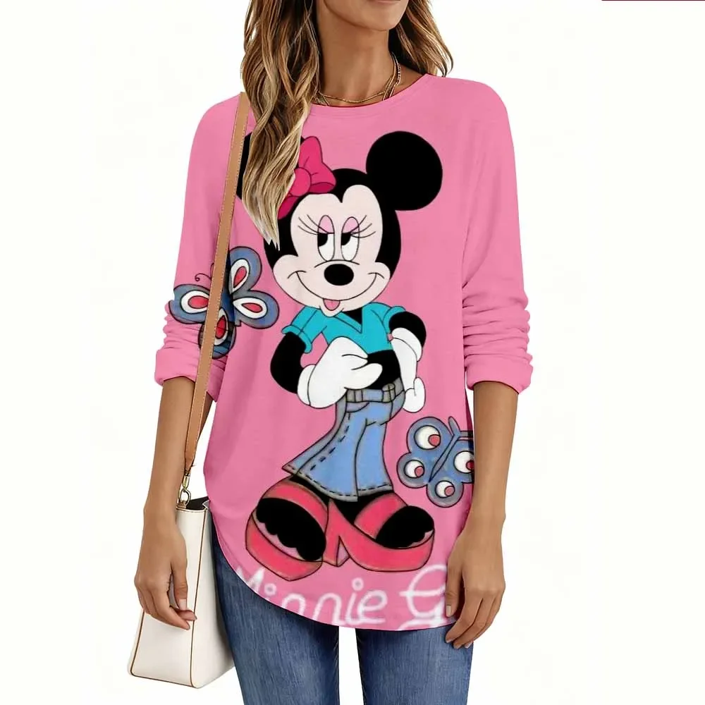 

Women's versatile long-sleeved T-shirt Disney Minnie print simple elegant printing round neck long-sleeved Spring and Summer