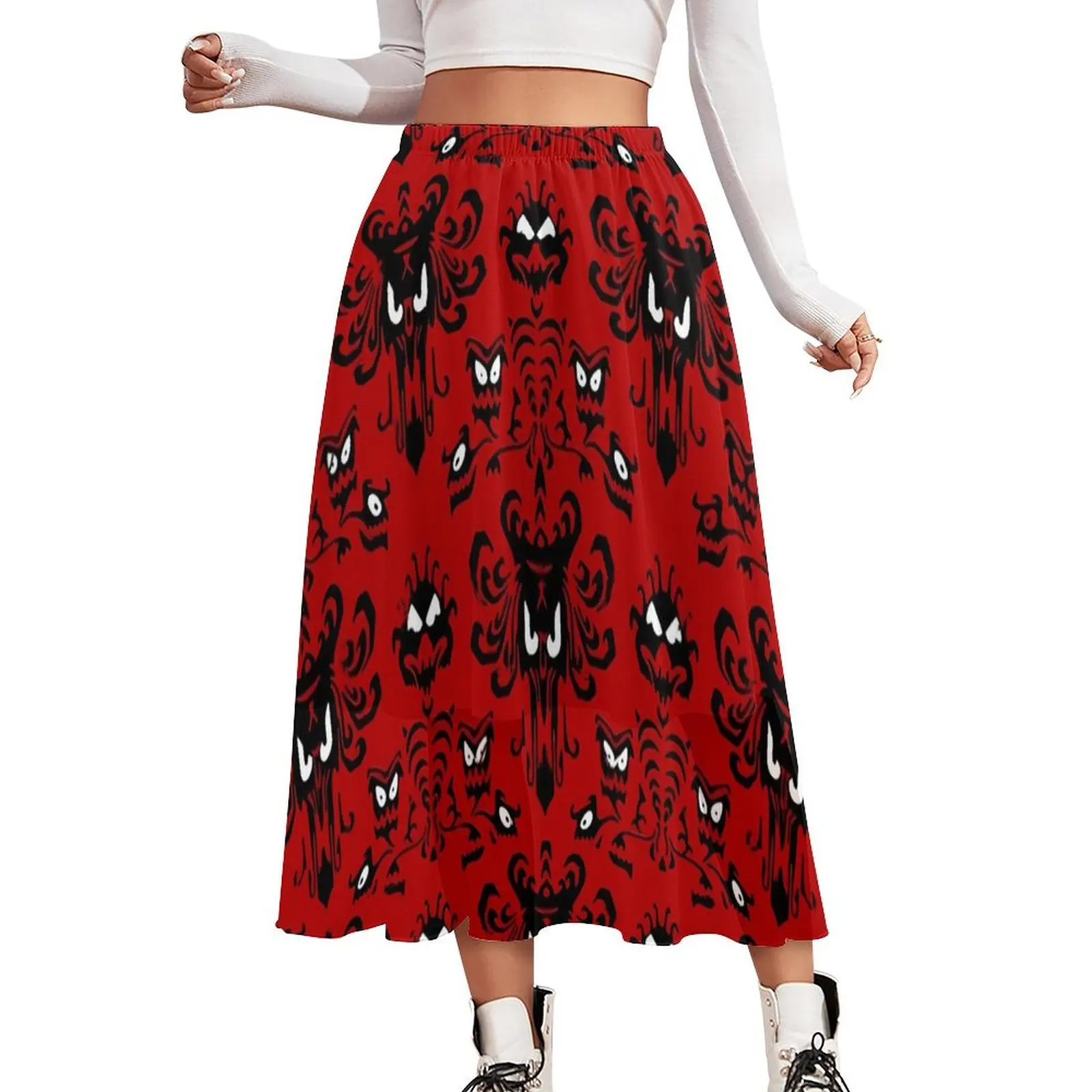 Red Haunted Mansion Skirt Female Retro Print Vintage Boho Skirts Printed High Waist Street Fashion Casual Skirt Big Size 3XL 4XL