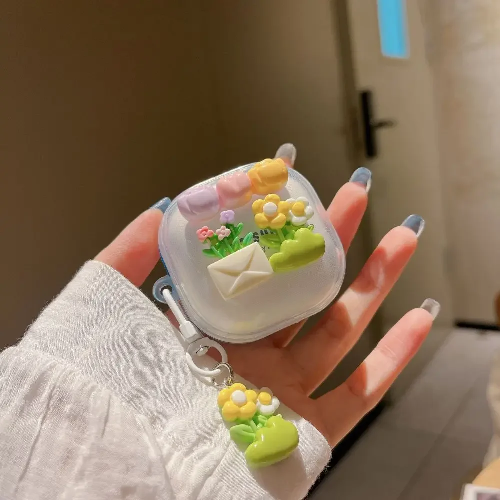 Cute 3D Flower Cheese Clear Headphones Soft Case For Samsung Galaxy Buds 2 Live With Beads Pendant Cover For Samsung Buds 2 Pro