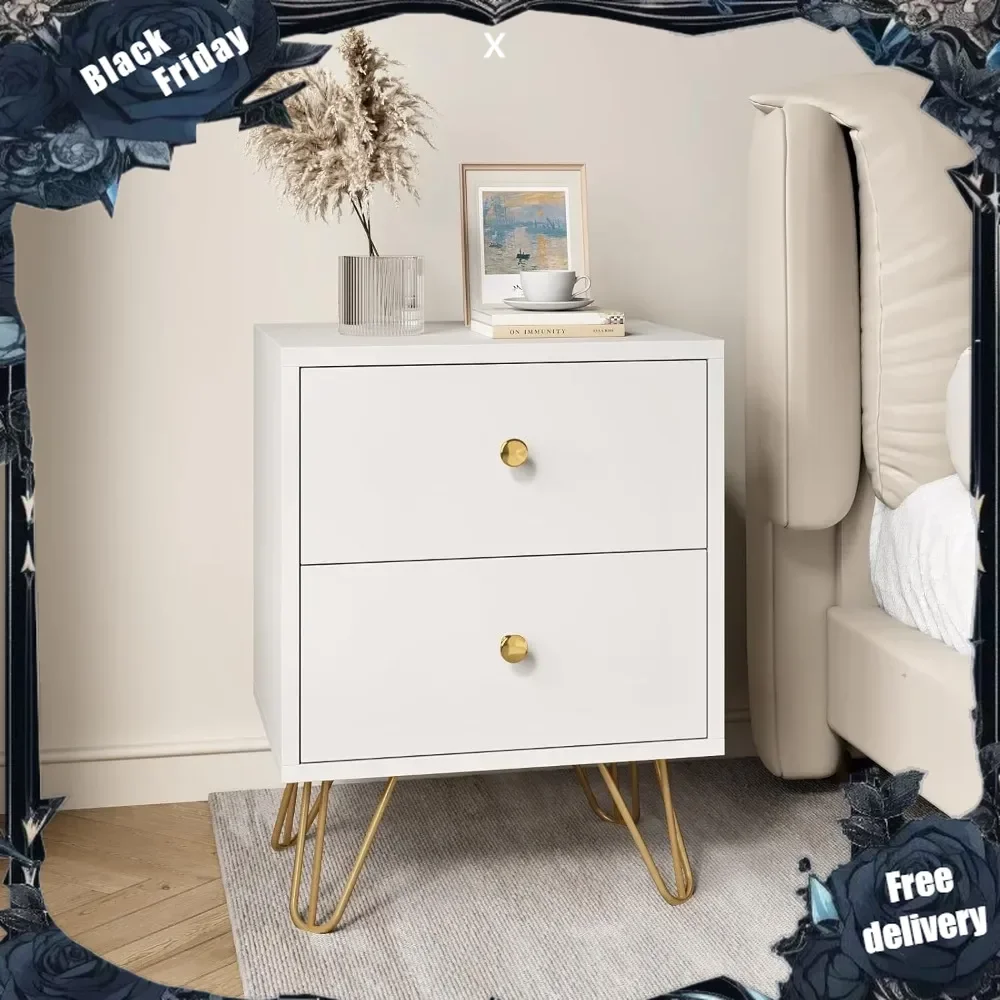 

White Nightstand Set of 2, White and Gold Night Stand with 2 Drawers, Modern End Table with Metal Legs and Gold Handles