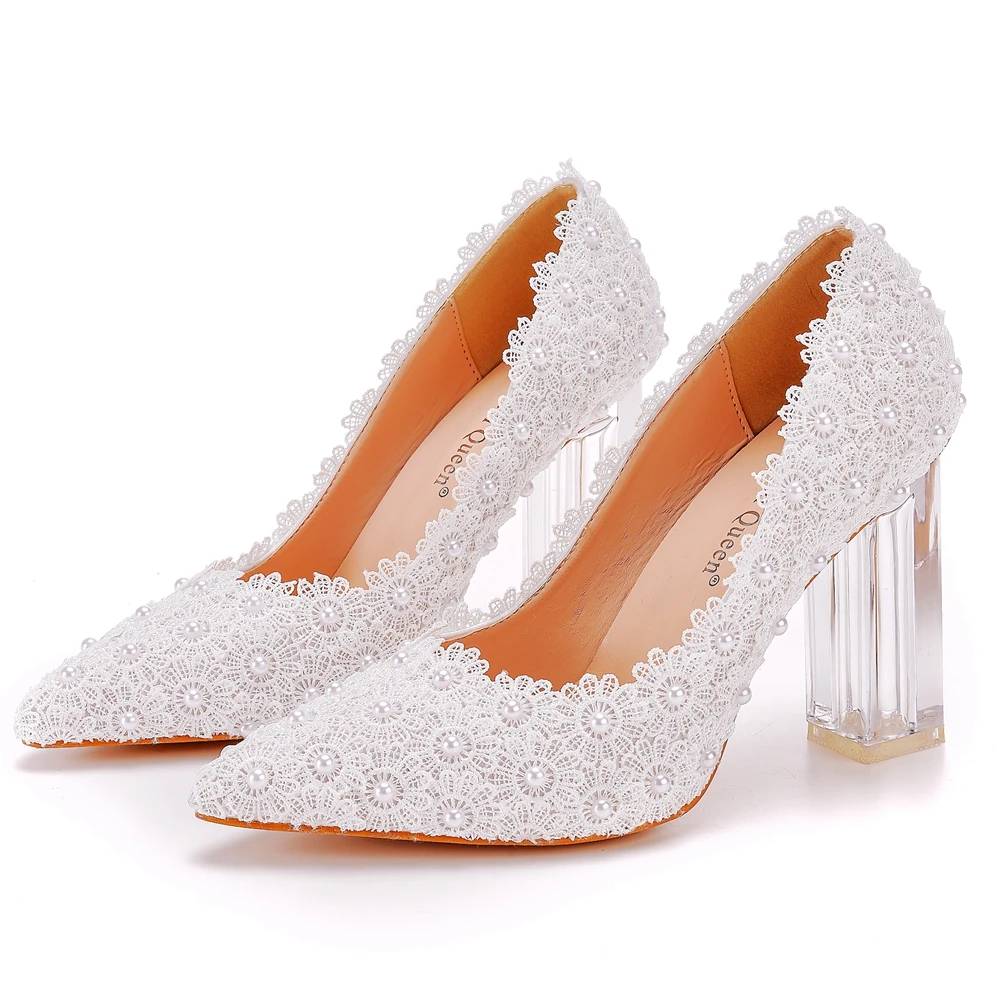 Crystal Queen Elegant Women Pumps Sexy Clear 10cm High Heels Dress Square Transparent Ladies White Wedding Party Shoes Pumps