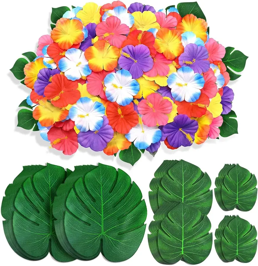 

120Pcs Luau Party Decorations Fake Plants Palm Leaves Monstera Hibiscus Flowers Simulation Artificial Leaf for Hawaiian Luau Saf