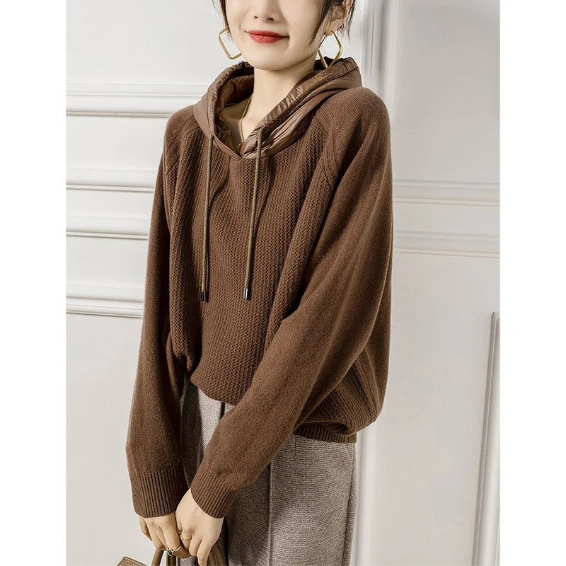 

Женский вязаный свитер с капюшоном и длинными рукавами, брендовый, в стиле пэчворк, повседневный, удобный, в корейском стиле, для поездок на работу