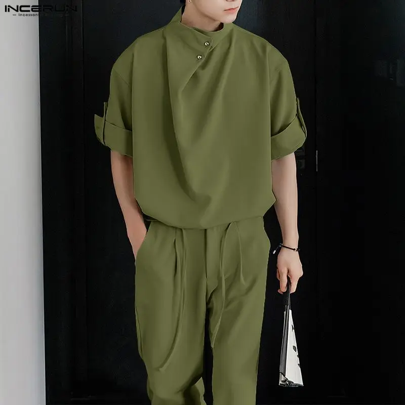 

INCERUN мужские комплекты однотонные плиссированные рубашки и брюки комплекты из двух предметов свободная уличная одежда 2025 модные мужские повседневные костюмы S-5XL