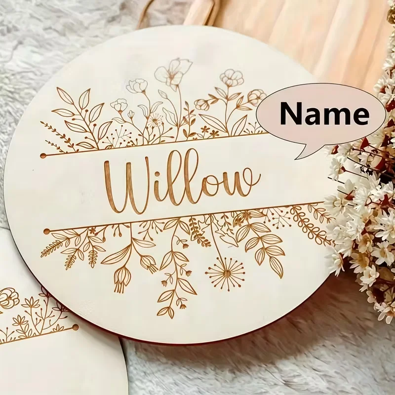 Personalized Floral Round Wooden Baby Name Plaque, Newborn Announcement Photo Prop, Nursery Wall Hanging Decor, Baby Shower Gift view 6