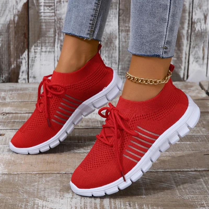 New Women Casual Flats Ladies Sport Shoes Woman Slip On Lace-Up Shoes All Color Chunky Sole Fashion Fly Knitting Mesh Shoes