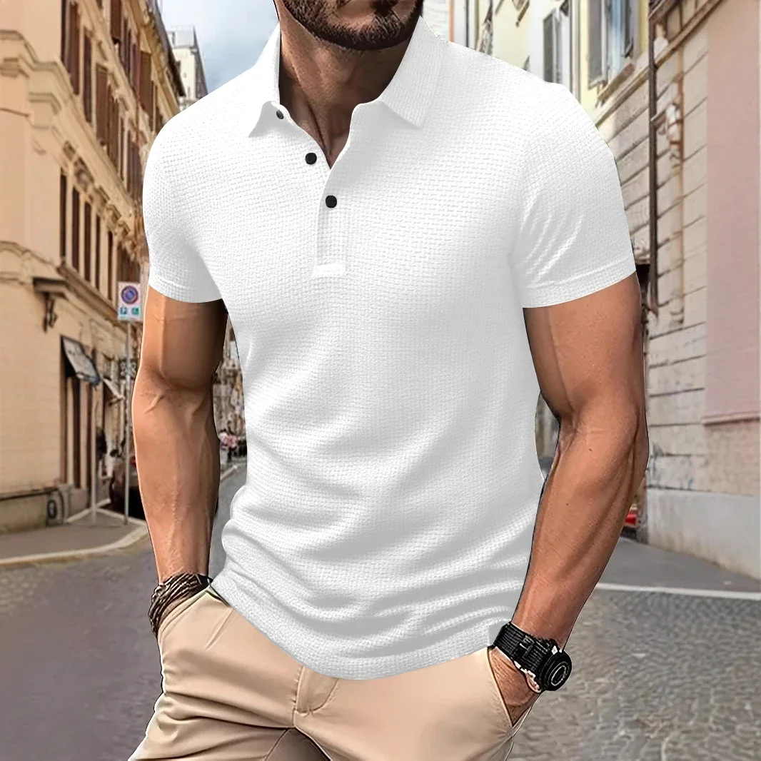 New Men's Business Casual Short Sleeved Bone Flower Solid Color POLO Shirt Fashion Breathable Comfortable Summer Versatile Top