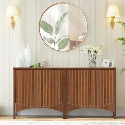 خزانة جانبية مخددة مع أرفف قابلة للتعديل، بوفيه بأربعة أبواب من خشب الجوز المقوس