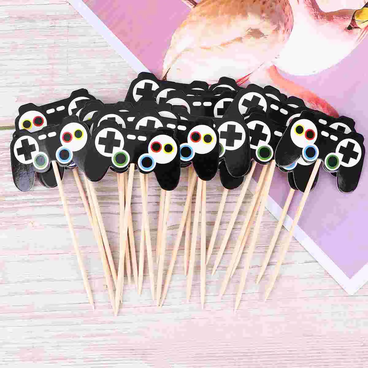 24 PCS Cake Cartoon Child Baby Cake Decorating Toppers Video Game Party Wooden Gamepad Shaped