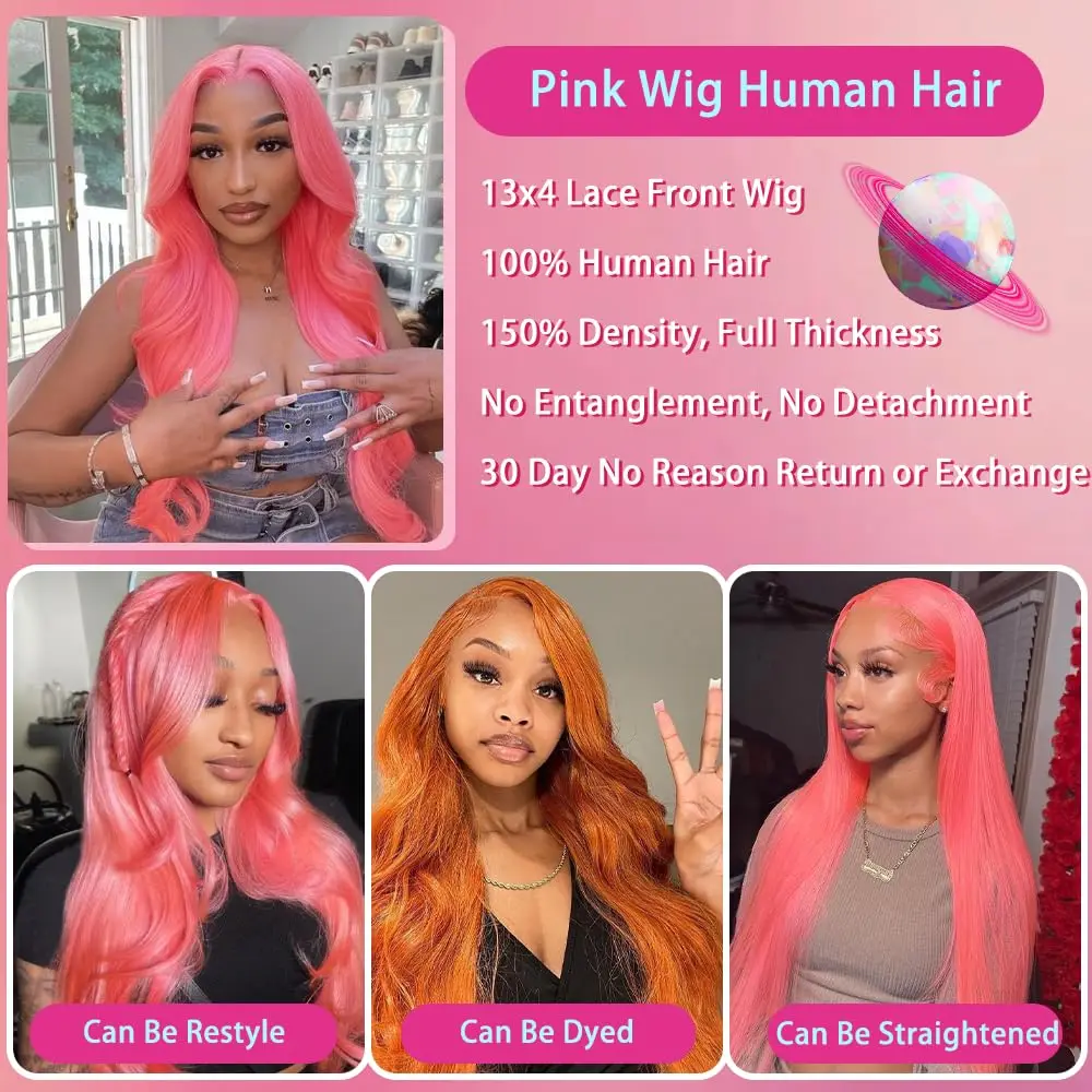 Wig Rambut Manusia Lurus HD Lace Front 13x4 Pink 30 Inch 200 Density Tinggi Wig Frontal HD 13x4 Wig Berwarna Rambut Manusia Untuk Wanita