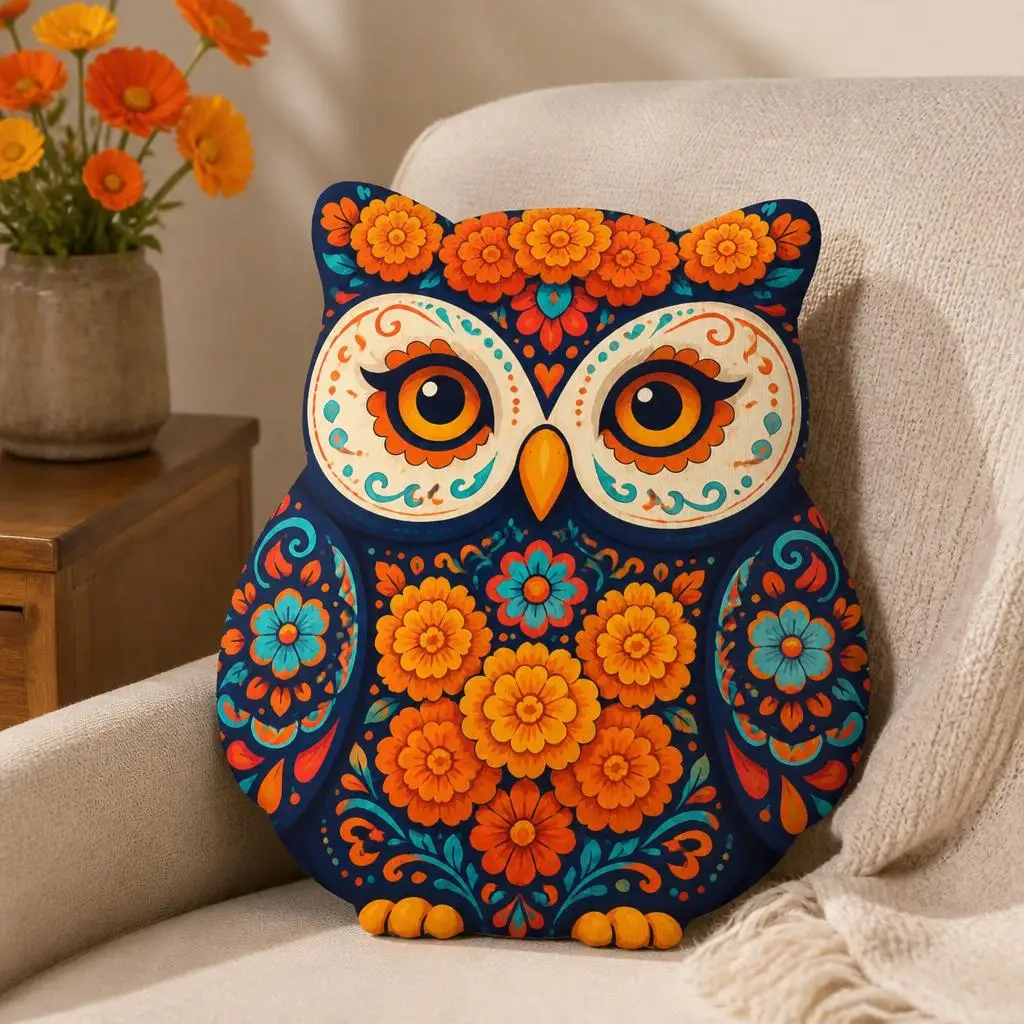 Dia de Los Muertos Owl Pillow Colorful Calavera Folk Art Cushion Shaped Plush Stuffed Throw Pillow Mexican Home Decor Gift